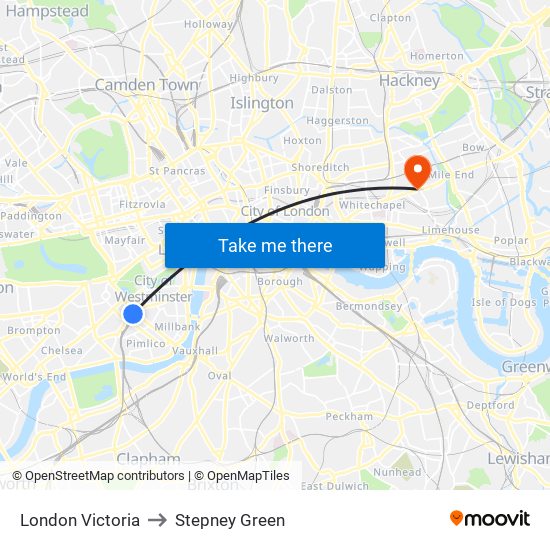 London Victoria to Stepney Green map