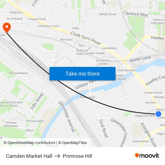 Camden Market Hall to Primrose Hill map