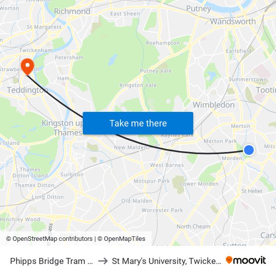 Phipps Bridge Tram Stop to St Mary's University, Twickenham map