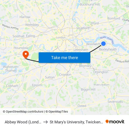 Abbey Wood (London) to St Mary's University, Twickenham map