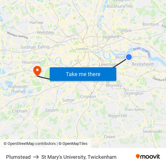 Plumstead to St Mary's University, Twickenham map