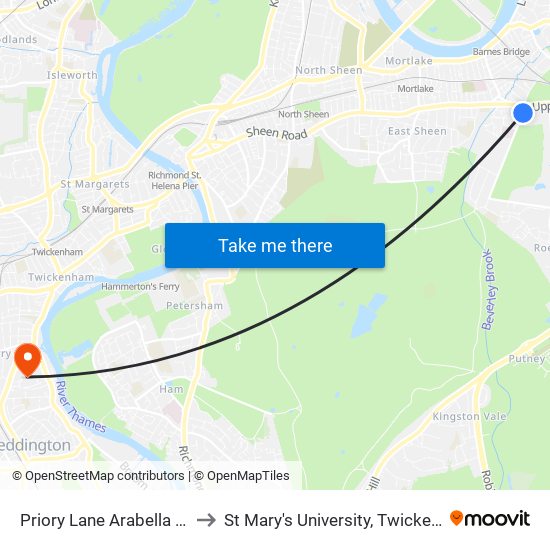 Priory Lane  Arabella Drive to St Mary's University, Twickenham map