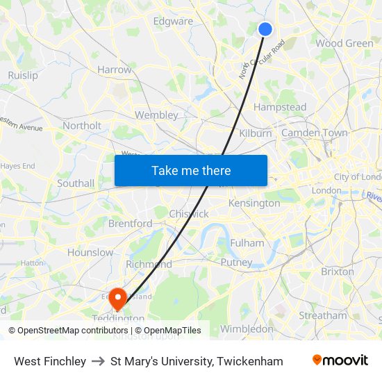 West Finchley to St Mary's University, Twickenham map