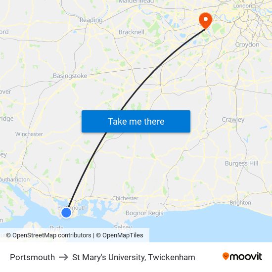 Portsmouth to St Mary's University, Twickenham map