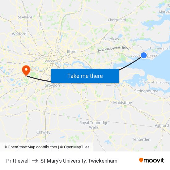 Prittlewell to St Mary's University, Twickenham map