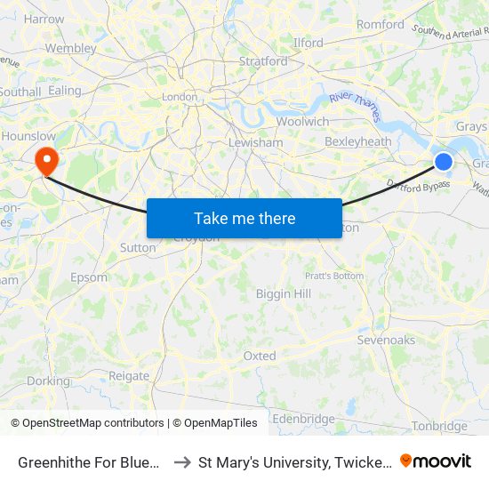 Greenhithe For Bluewater to St Mary's University, Twickenham map