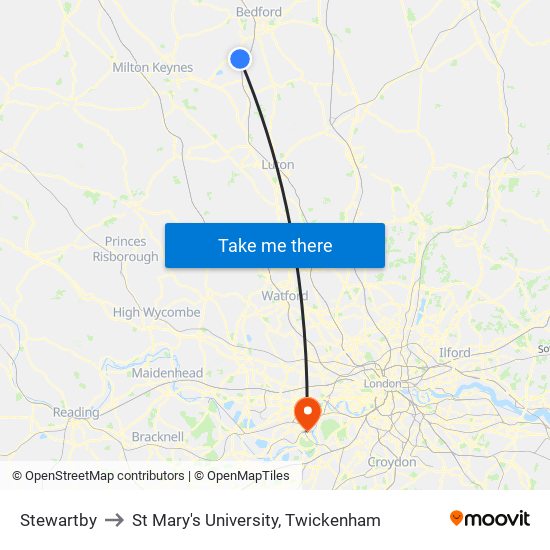 Stewartby to St Mary's University, Twickenham map