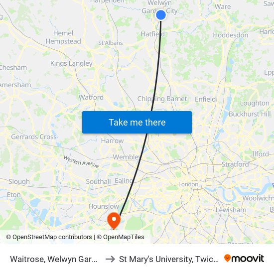 Waitrose, Welwyn Garden City to St Mary's University, Twickenham map