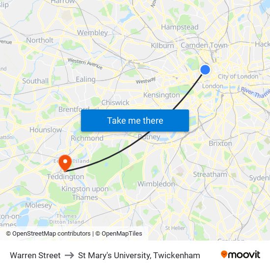 Warren Street to St Mary's University, Twickenham map