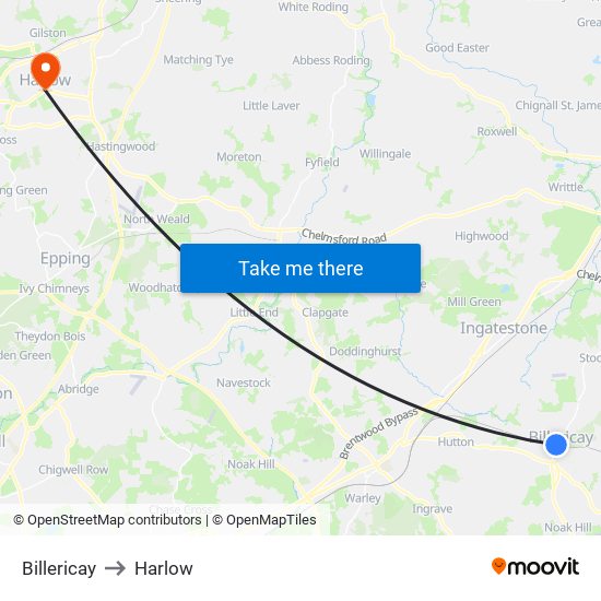 Billericay to Harlow map