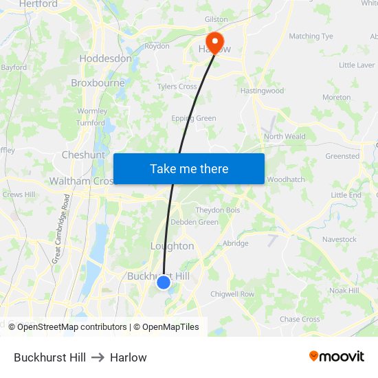 Buckhurst Hill to Harlow map