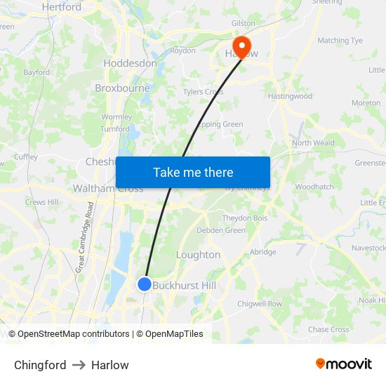 Chingford to Harlow map