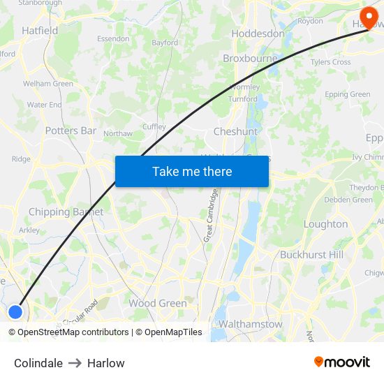 Colindale to Harlow map