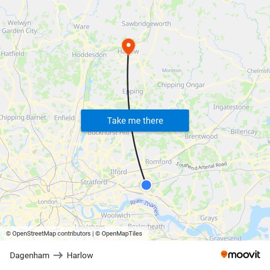 Dagenham to Harlow map