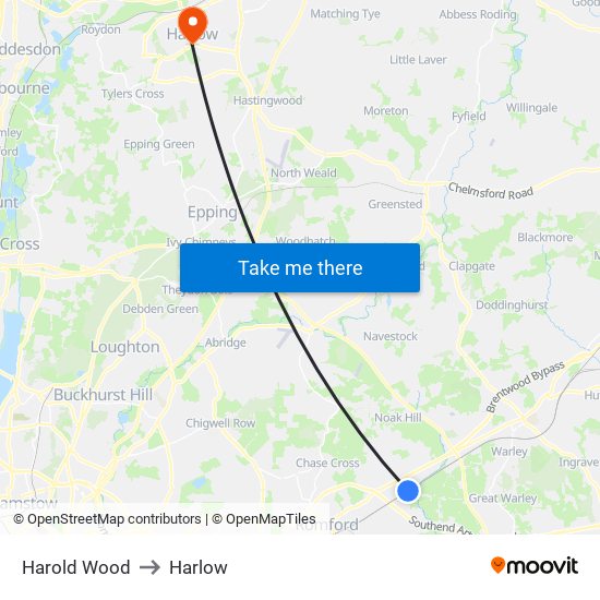 Harold Wood to Harlow map