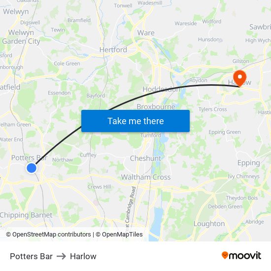 Potters Bar to Harlow map