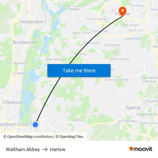 Waltham Abbey to Harlow map