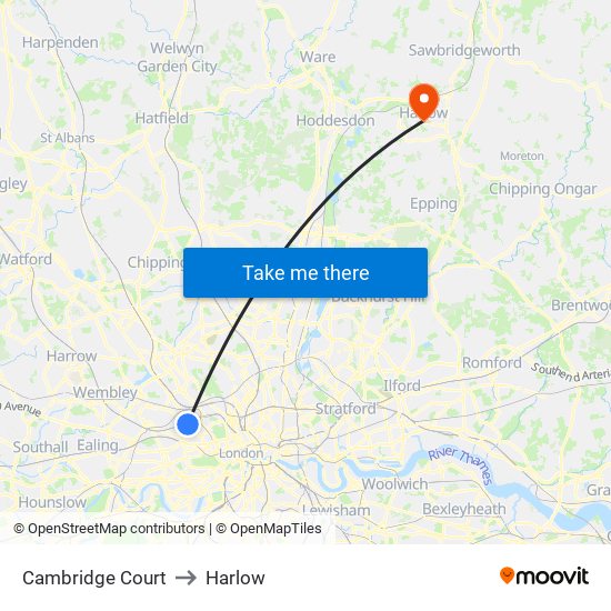 Cambridge Court to Harlow map