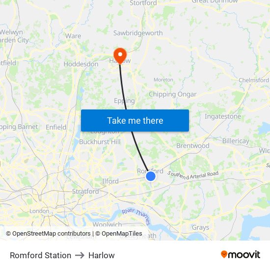 Romford Station to Harlow map