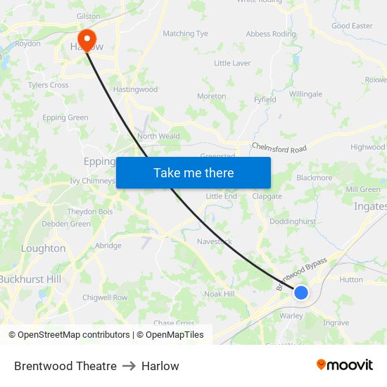 Brentwood Theatre to Harlow map