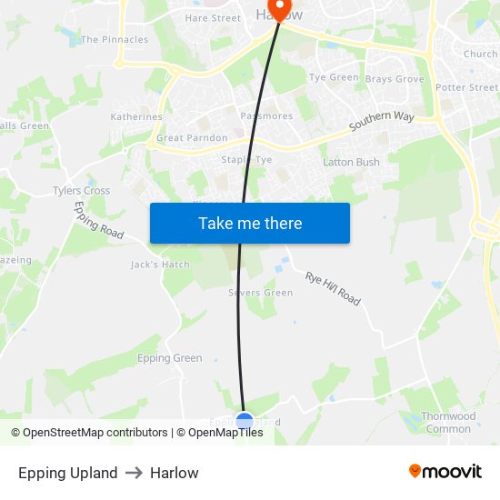 Epping Upland to Harlow map