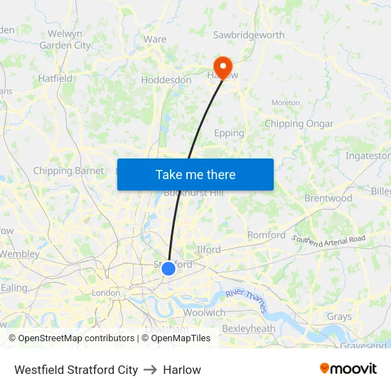 Westfield Stratford City to Harlow map