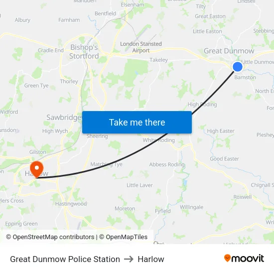Great Dunmow Police Station to Harlow map