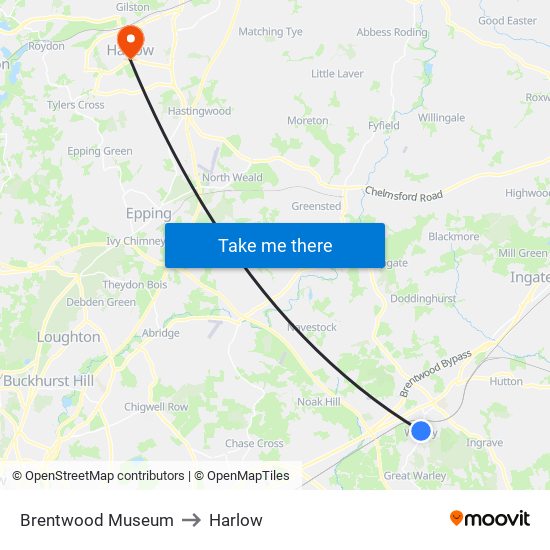 Brentwood Museum to Harlow map
