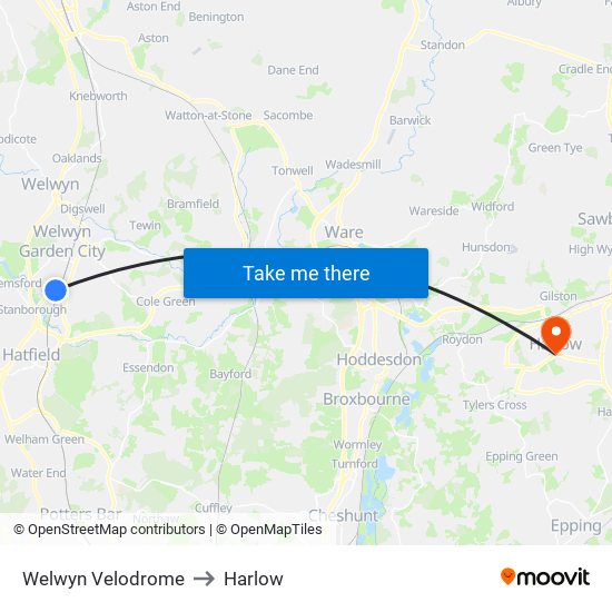Welwyn Velodrome to Harlow map