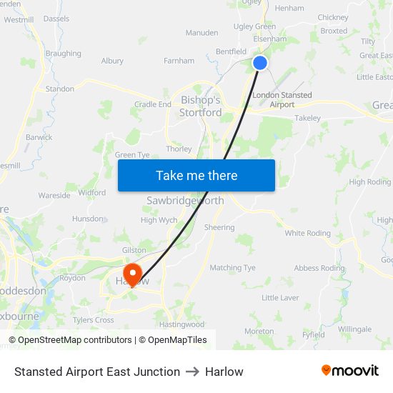 Stansted Airport East Junction to Harlow map
