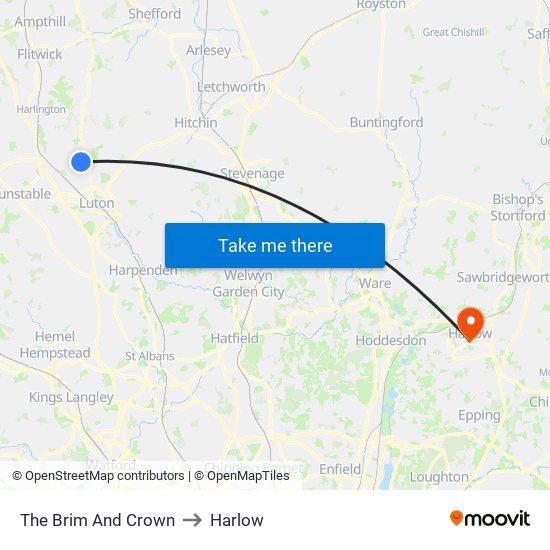 The Brim And Crown to Harlow map