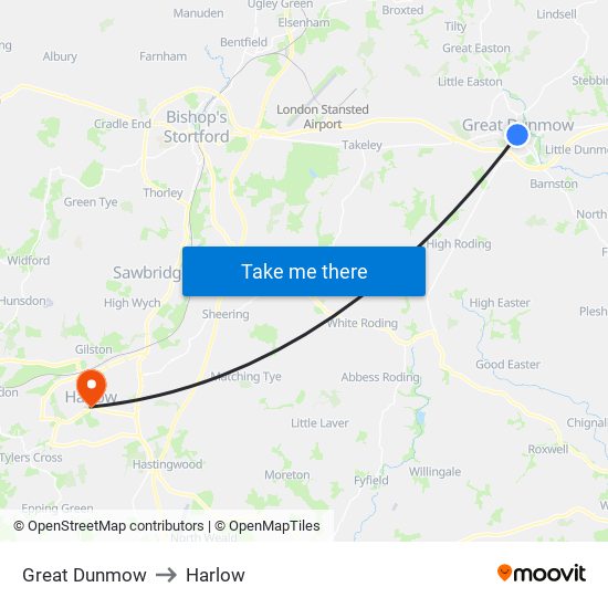 Great Dunmow to Harlow map