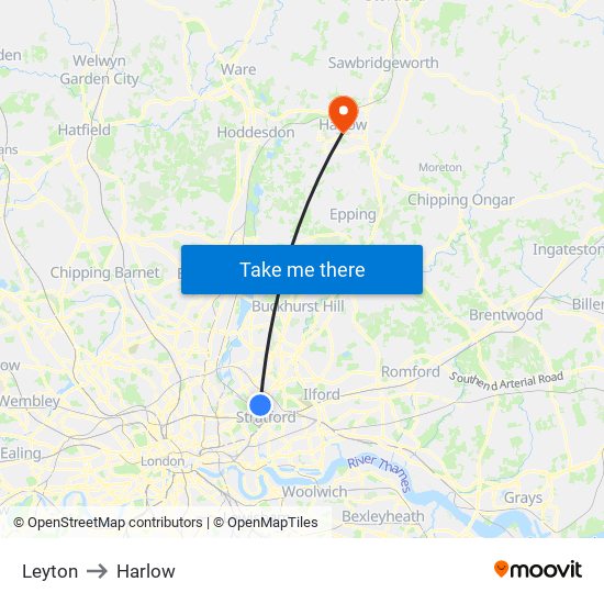 Leyton to Harlow map
