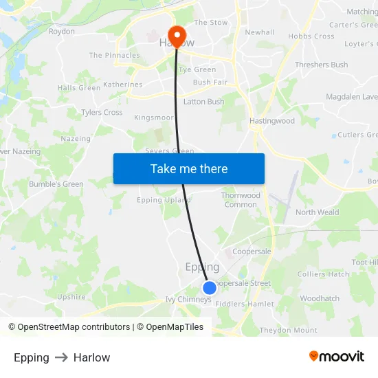 Epping to Harlow map