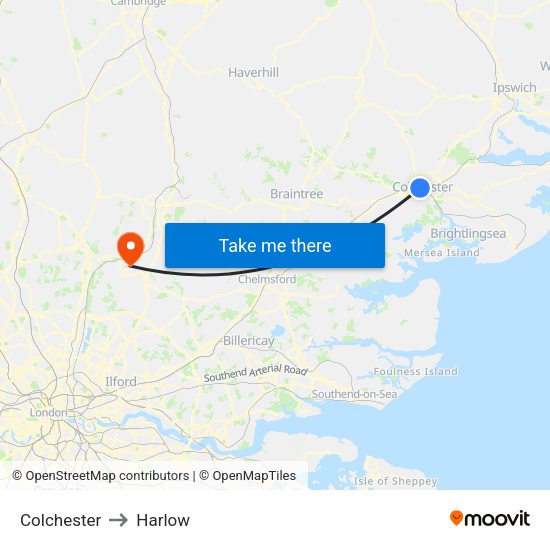 Colchester to Harlow map