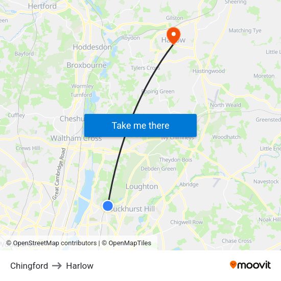Chingford to Harlow map