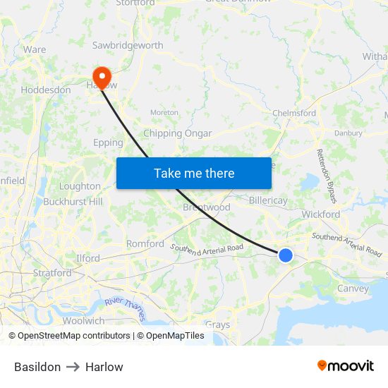 Basildon to Harlow map