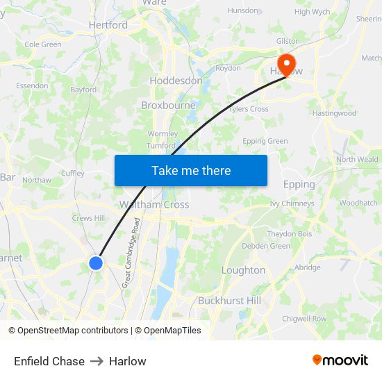 Enfield Chase to Harlow map