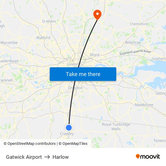 Gatwick Airport to Harlow map