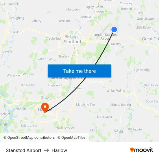 Stansted Airport to Harlow map