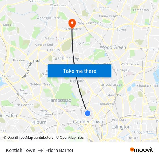 Kentish Town to Friern Barnet map