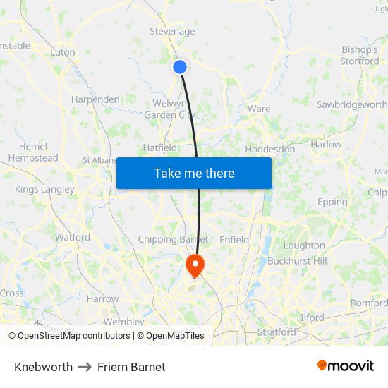 Knebworth to Friern Barnet map