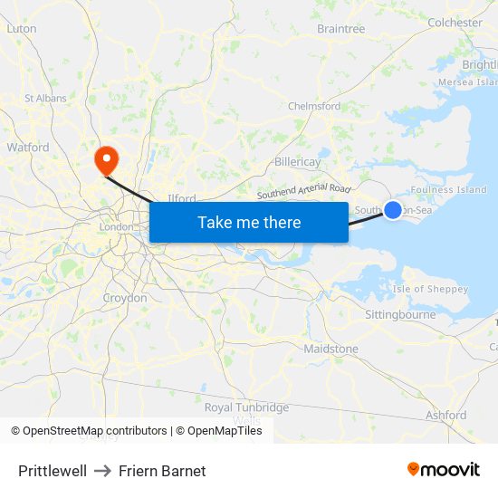 Prittlewell to Friern Barnet map