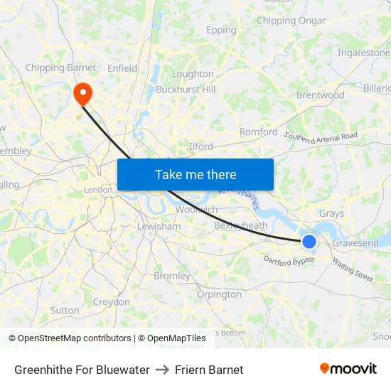 Greenhithe For Bluewater to Friern Barnet map