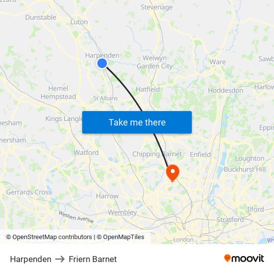 Harpenden to Friern Barnet map