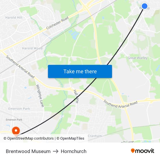 Brentwood Museum to Hornchurch map