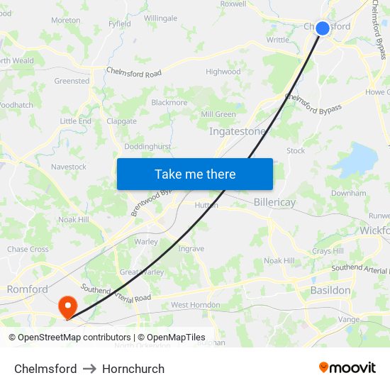 Chelmsford to Hornchurch map