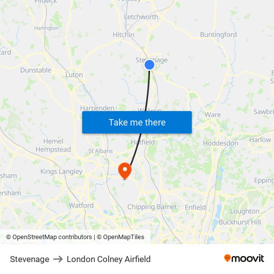 Stevenage to London Colney Airfield map