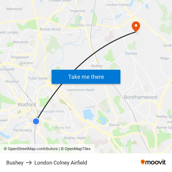 Bushey to London Colney Airfield map