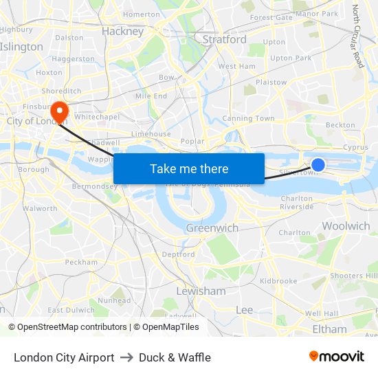 London City Airport to Duck & Waffle map